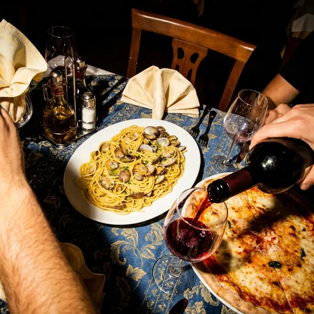 Pizza und Pasta mit eingeschenktem Wein bei La Commedia.