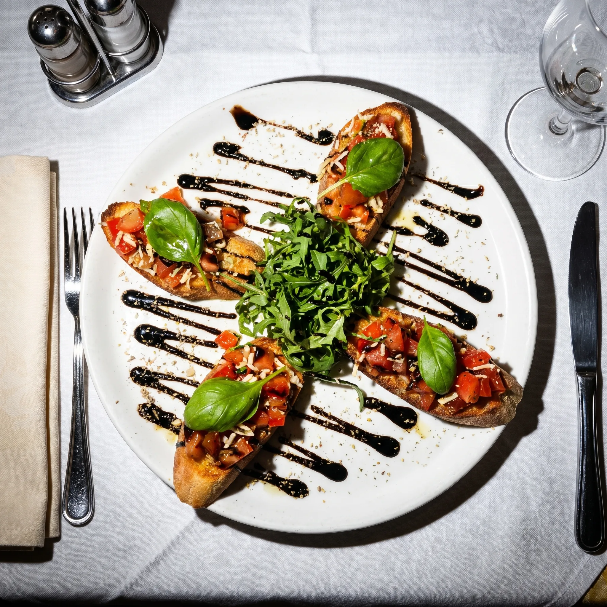 Bruschetta mit frischen Tomaten auf einem gedeckten Tisch bei La Commedia.